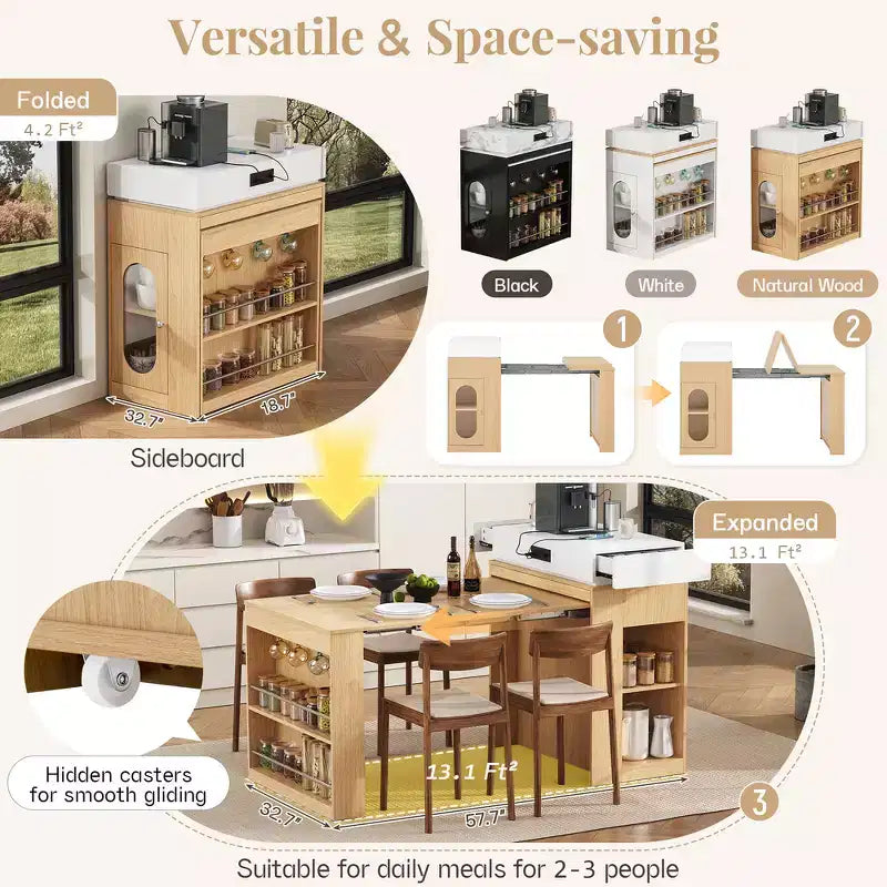 Zeus & Ruta Extendable Kitchen Island with Folding Tabletop, Drawers, Power Outlet, Wheels & Hooks for Dining Room