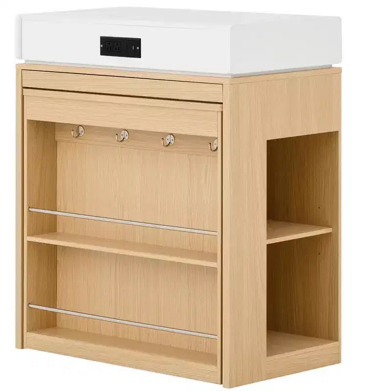 Zeus & Ruta Extendable Kitchen Island with Folding Tabletop, Drawers, Power Outlet, Wheels & Hooks for Dining Room