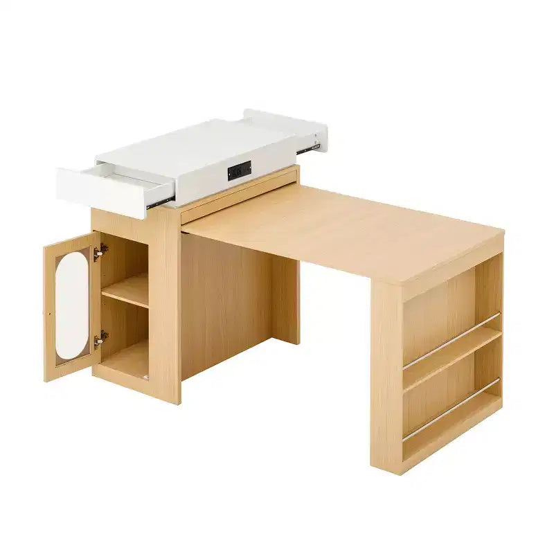 Zeus & Ruta Extendable Kitchen Island with Folding Tabletop, Drawers, Power Outlet, Wheels & Hooks for Dining Room
