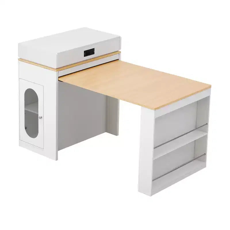 Zeus & Ruta Extendable Kitchen Island with Folding Tabletop, Drawers, Power Outlet, Wheels & Hooks for Dining Room