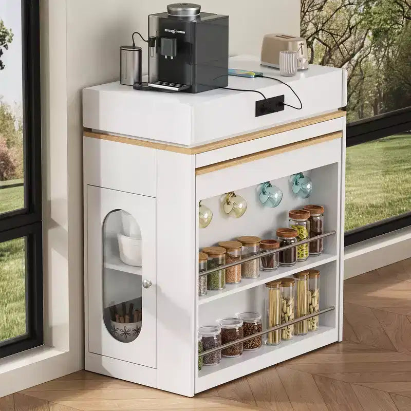 Zeus & Ruta Extendable Kitchen Island with Folding Tabletop, Drawers, Power Outlet, Wheels & Hooks for Dining Room