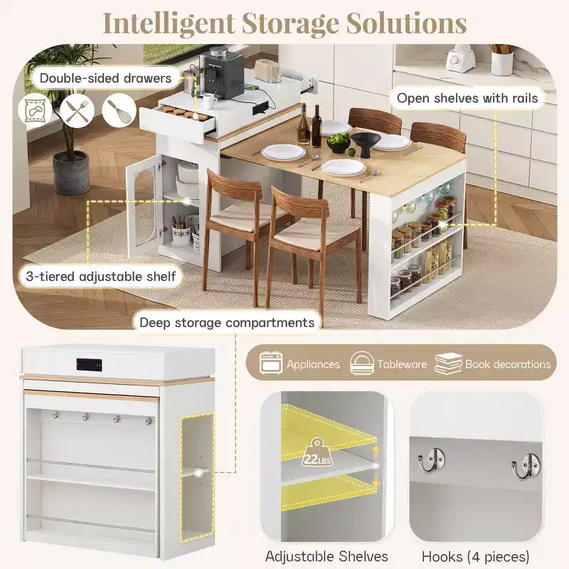 Zeus & Ruta Extendable Kitchen Island with Folding Tabletop, Drawers, Power Outlet, Wheels & Hooks for Dining Room