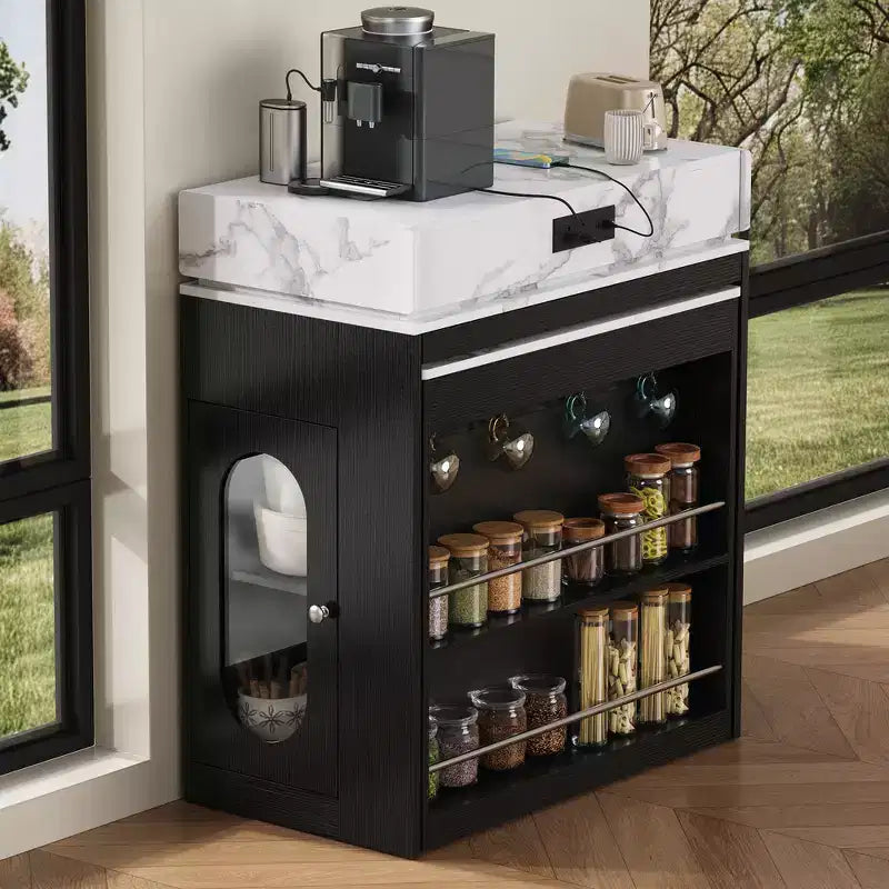 Zeus & Ruta Extendable Kitchen Island with Folding Tabletop, Drawers, Power Outlet, Wheels & Hooks for Dining Room