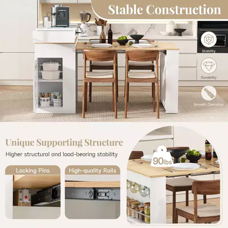 Zeus & Ruta Extendable Kitchen Island with Folding Tabletop, Drawers, Power Outlet, Wheels & Hooks for Dining Room