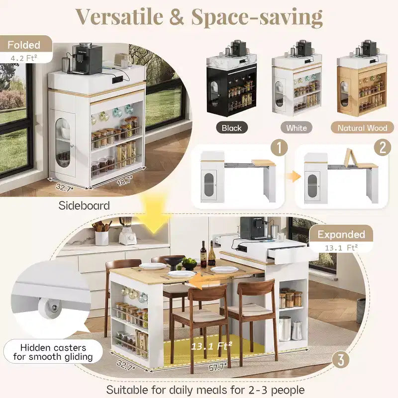 Zeus & Ruta Extendable Kitchen Island with Folding Tabletop, Drawers, Power Outlet, Wheels & Hooks for Dining Room