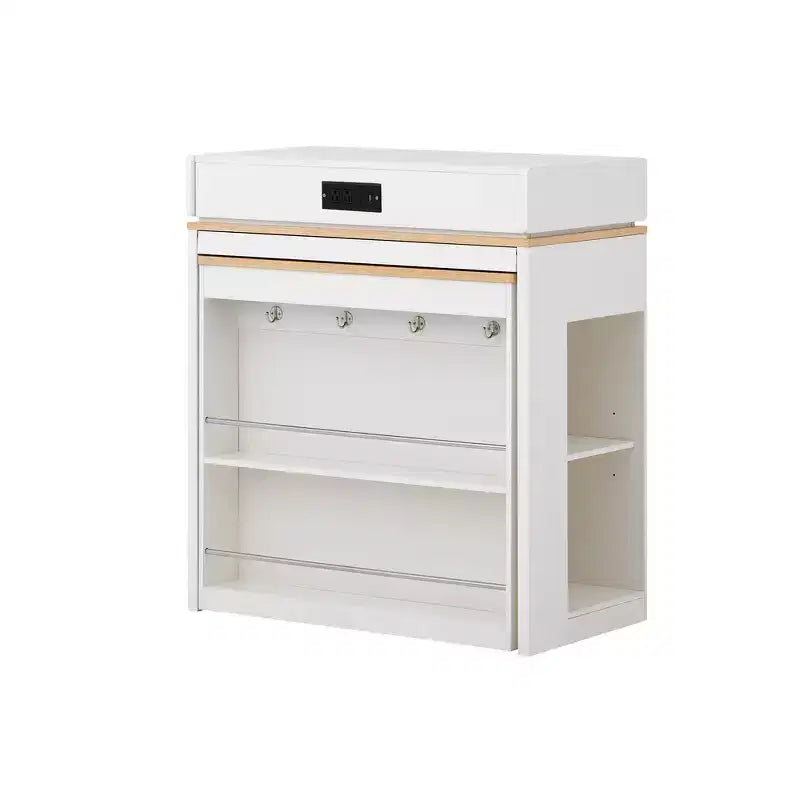 Zeus & Ruta Extendable Kitchen Island with Folding Tabletop, Drawers, Power Outlet, Wheels & Hooks for Dining Room