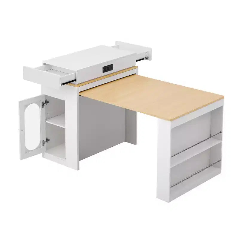 Zeus & Ruta Extendable Kitchen Island with Folding Tabletop, Drawers, Power Outlet, Wheels & Hooks for Dining Room
