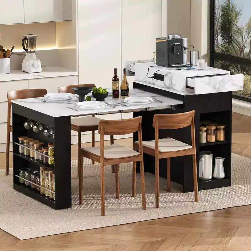 Zeus & Ruta Extendable Kitchen Island with Folding Tabletop, Drawers, Power Outlet, Wheels & Hooks for Dining Room