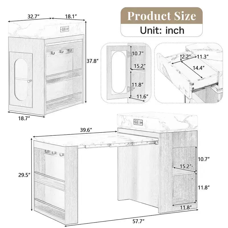 Zeus & Ruta Extendable Kitchen Island with Folding Tabletop, Drawers, Power Outlet, Wheels & Hooks for Dining Room