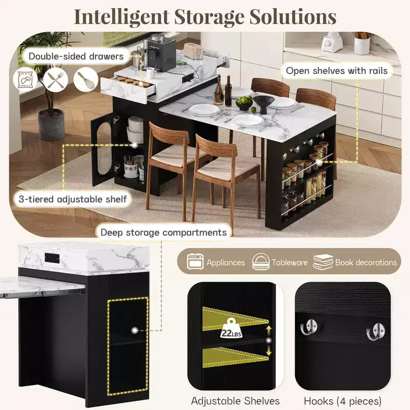 Zeus & Ruta Extendable Kitchen Island with Folding Tabletop, Drawers, Power Outlet, Wheels & Hooks for Dining Room