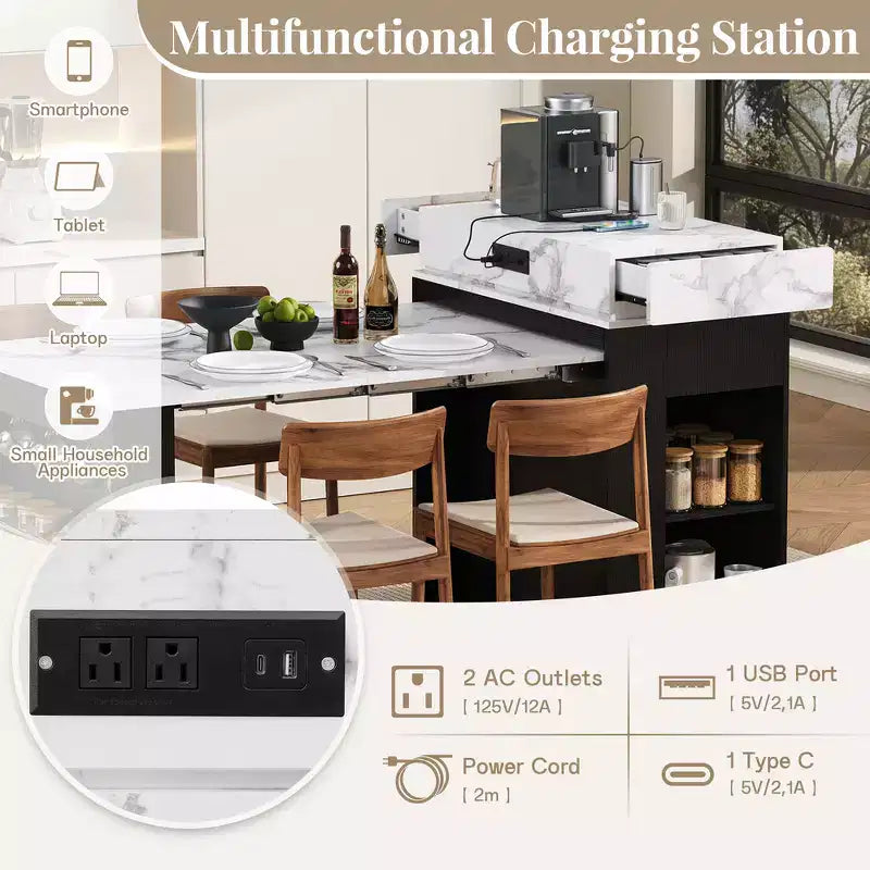 Zeus & Ruta Extendable Kitchen Island with Folding Tabletop, Drawers, Power Outlet, Wheels & Hooks for Dining Room