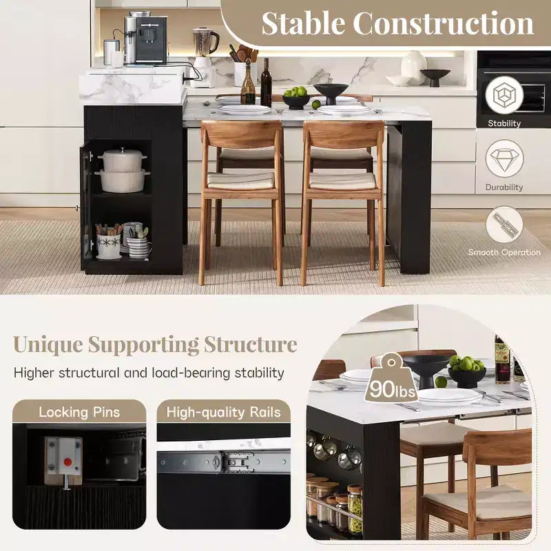 Zeus & Ruta Extendable Kitchen Island with Folding Tabletop, Drawers, Power Outlet, Wheels & Hooks for Dining Room