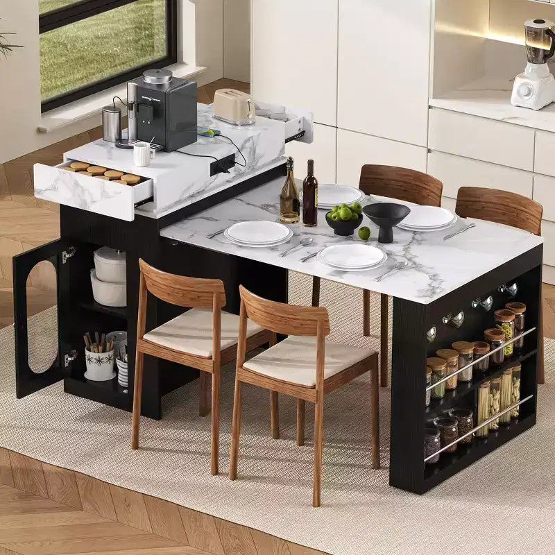 Zeus & Ruta Extendable Kitchen Island with Folding Tabletop, Drawers, Power Outlet, Wheels & Hooks for Dining Room