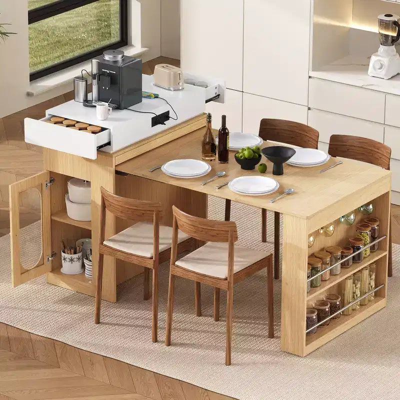 Zeus & Ruta Extendable Kitchen Island with Folding Tabletop, Drawers, Power Outlet, Wheels & Hooks for Dining Room