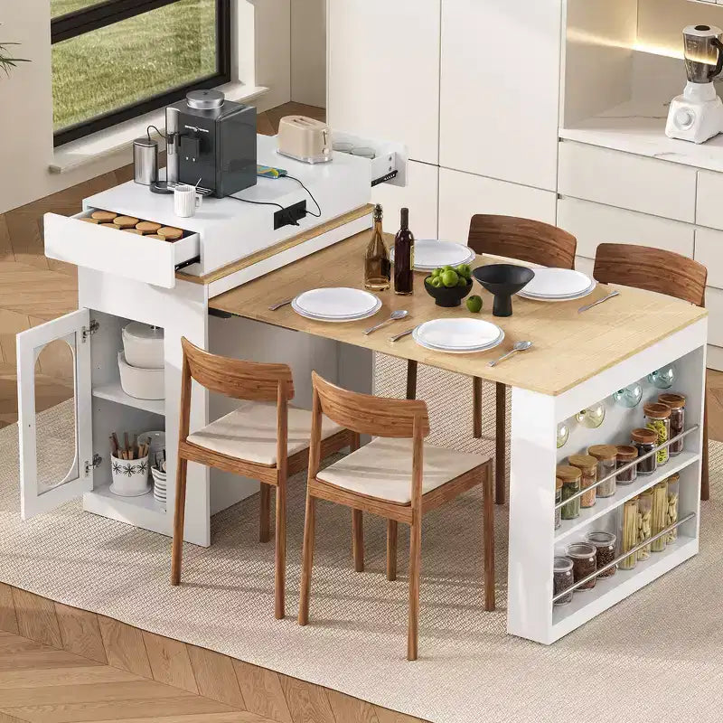 Zeus & Ruta Extendable Kitchen Island with Folding Tabletop, Drawers, Power Outlet, Wheels & Hooks for Dining Room