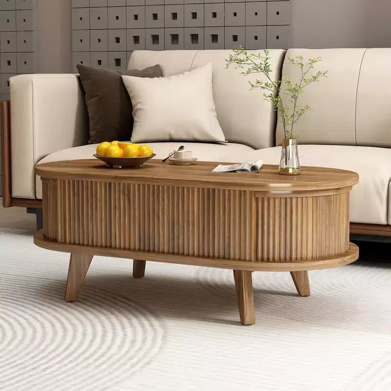 Zeus & Ruta Fluted Lift-Top Coffee Table with Hidden Compartment, Modern Oval Wooden Table for Living Room, Walnut Brown
