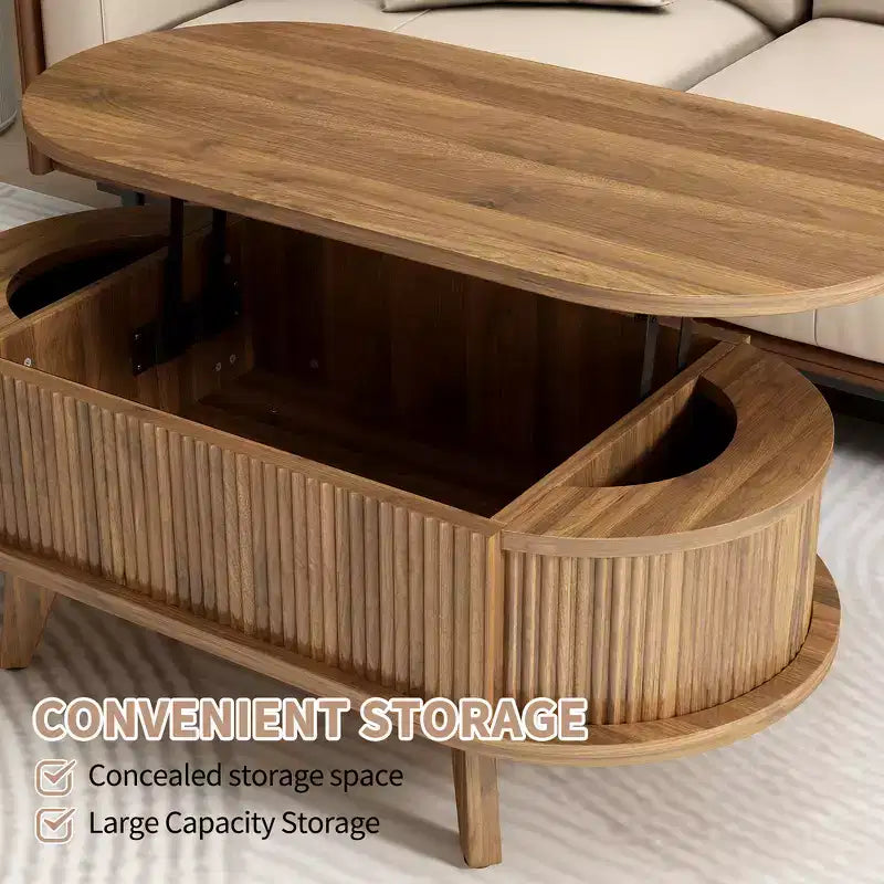 Zeus & Ruta Fluted Lift-Top Coffee Table with Hidden Compartment, Modern Oval Wooden Table for Living Room, Walnut Brown