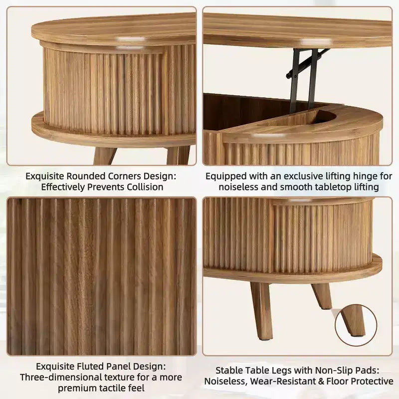 Zeus & Ruta Fluted Lift-Top Coffee Table with Hidden Compartment, Modern Oval Wooden Table for Living Room, Walnut Brown