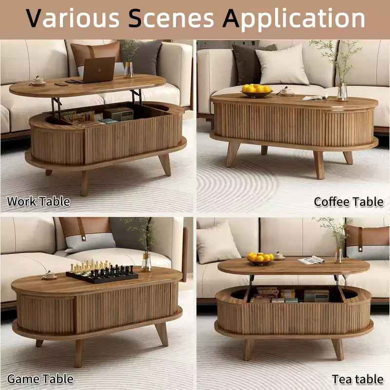 Zeus & Ruta Fluted Lift-Top Coffee Table with Hidden Compartment, Modern Oval Wooden Table for Living Room, Walnut Brown
