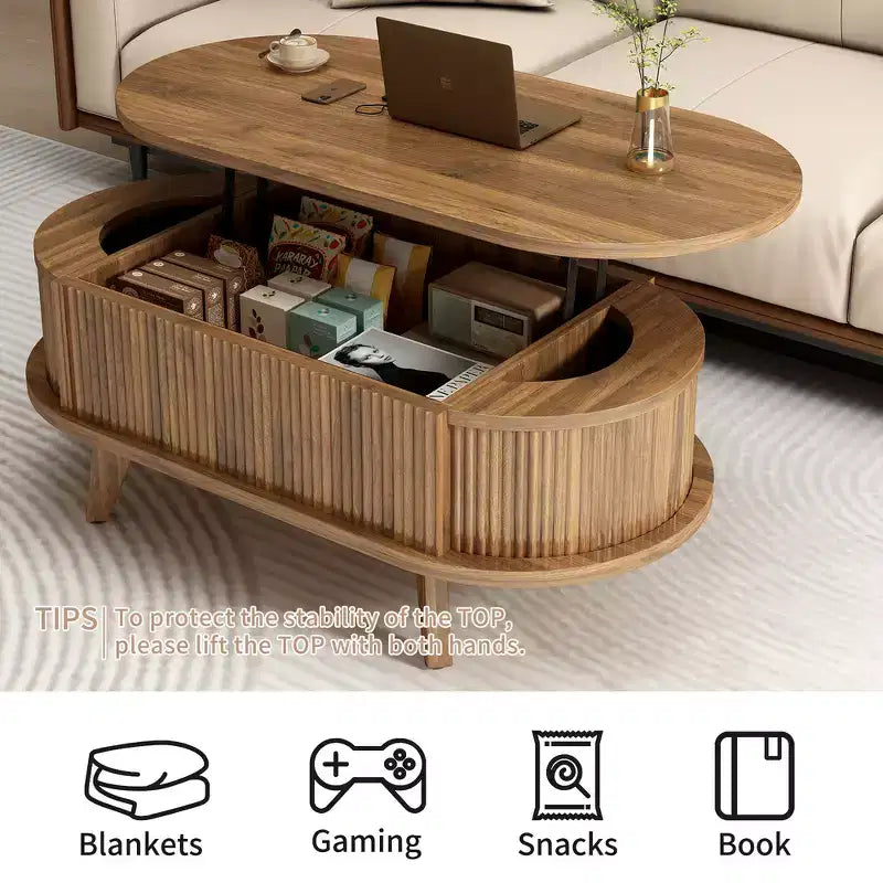 Zeus & Ruta Fluted Lift-Top Coffee Table with Hidden Compartment, Modern Oval Wooden Table for Living Room, Walnut Brown