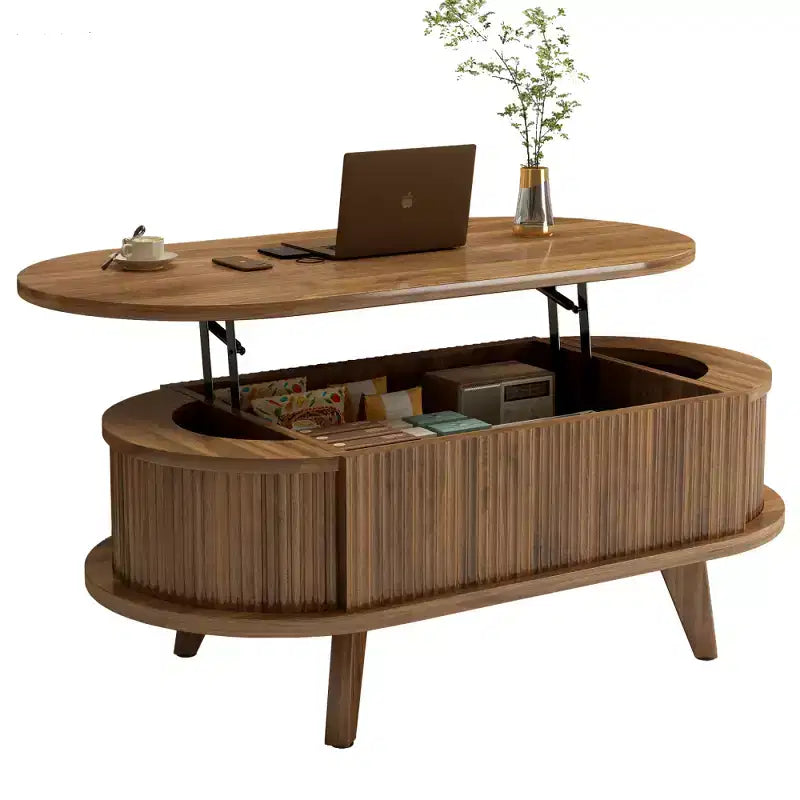 Zeus & Ruta Fluted Lift-Top Coffee Table with Hidden Compartment, Modern Oval Wooden Table for Living Room, Walnut Brown