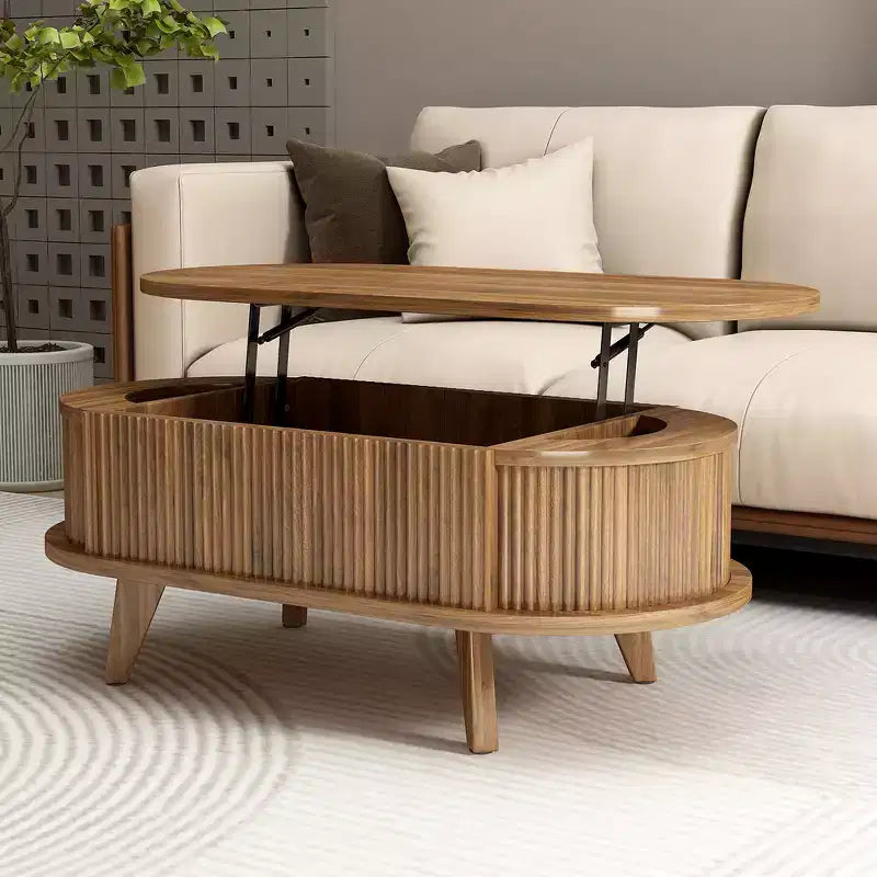 Zeus & Ruta Fluted Lift-Top Coffee Table with Hidden Compartment, Modern Oval Wooden Table for Living Room, Walnut Brown