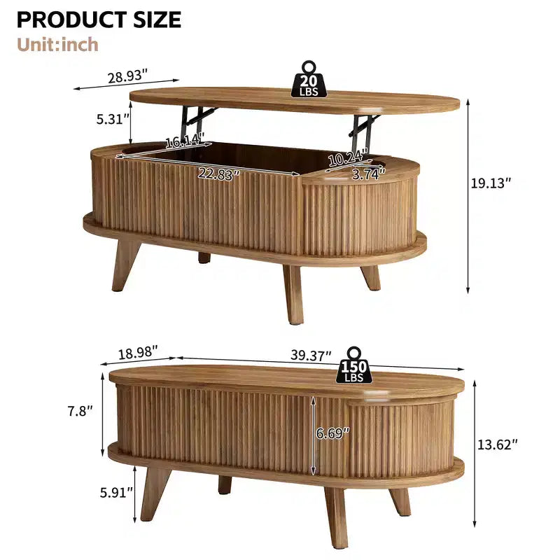 Zeus & Ruta Fluted Lift-Top Coffee Table with Hidden Compartment, Modern Oval Wooden Table for Living Room, Walnut Brown