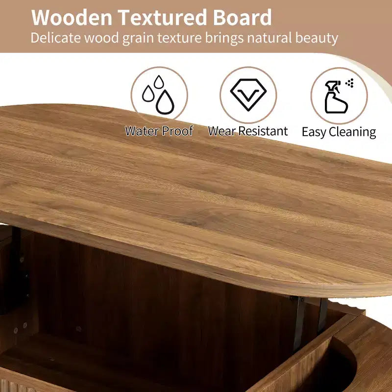 Zeus & Ruta Fluted Lift-Top Coffee Table with Hidden Compartment, Modern Oval Wooden Table for Living Room, Walnut Brown