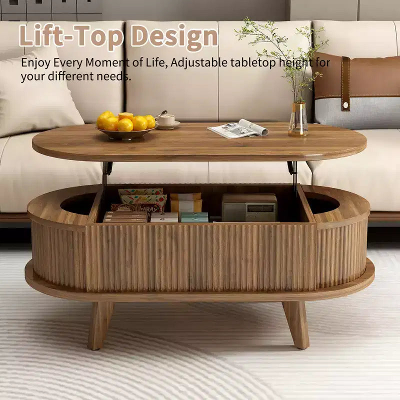 Zeus & Ruta Fluted Lift-Top Coffee Table with Hidden Compartment, Modern Oval Wooden Table for Living Room, Walnut Brown