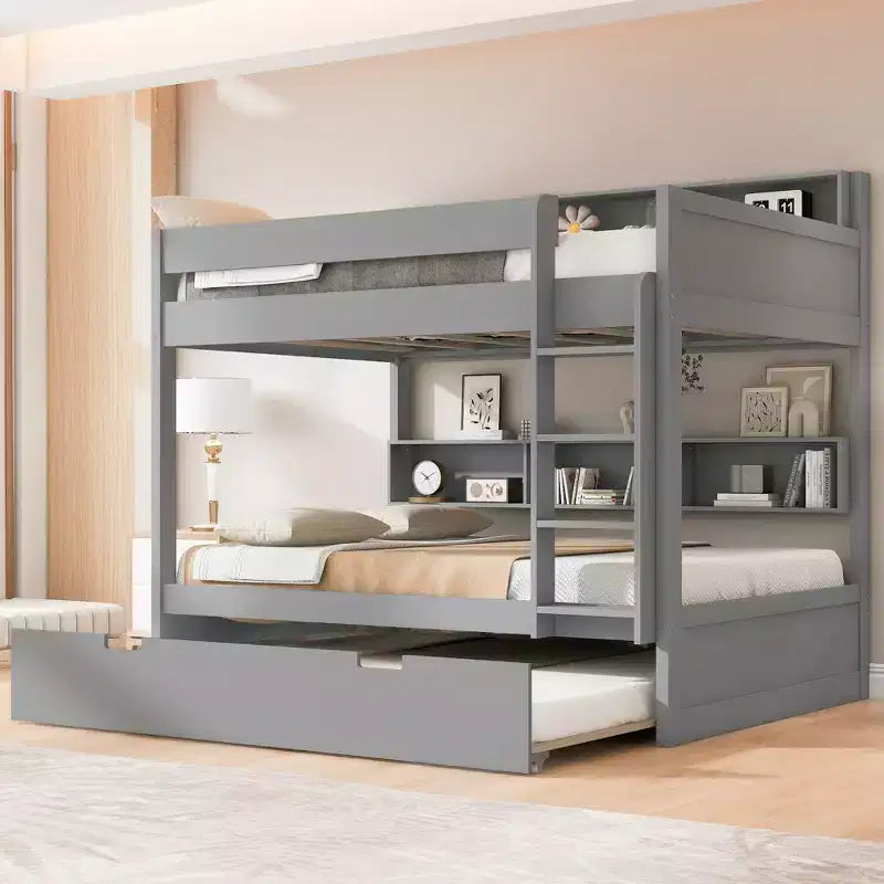 Twin over twin/Full over full Bunk Bed with Trundle&Storage Shelves - ModernLuxe