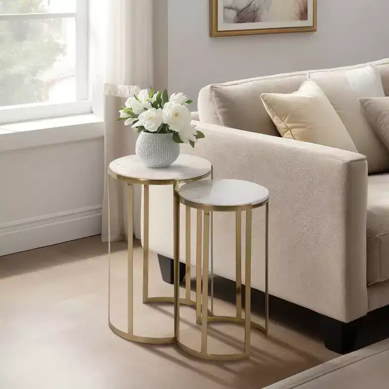 Elegant End Table, Side Table, or Night Stand for Room Decor - Round Metal Accent Table with Marble Top - Set of 2, 22, 20 White & Gold