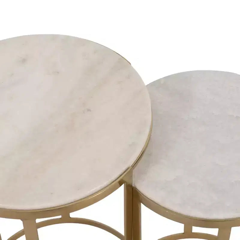 Elegant End Table, Side Table, or Night Stand for Room Decor - Round Metal Accent Table with Marble Top - Set of 2, 22, 20 White & Gold
