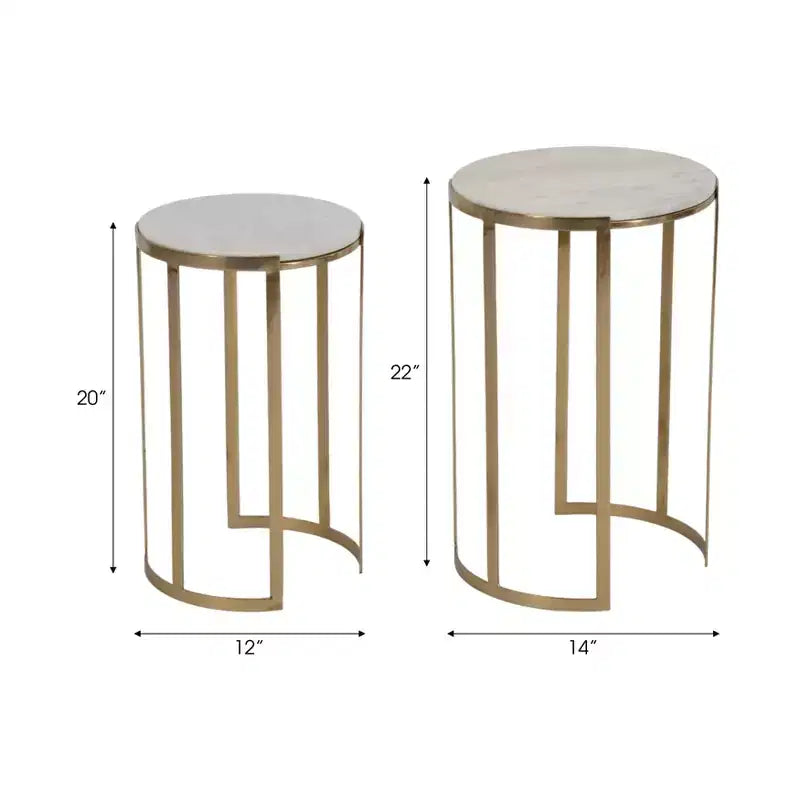 Elegant End Table, Side Table, or Night Stand for Room Decor - Round Metal Accent Table with Marble Top - Set of 2, 22, 20 White & Gold