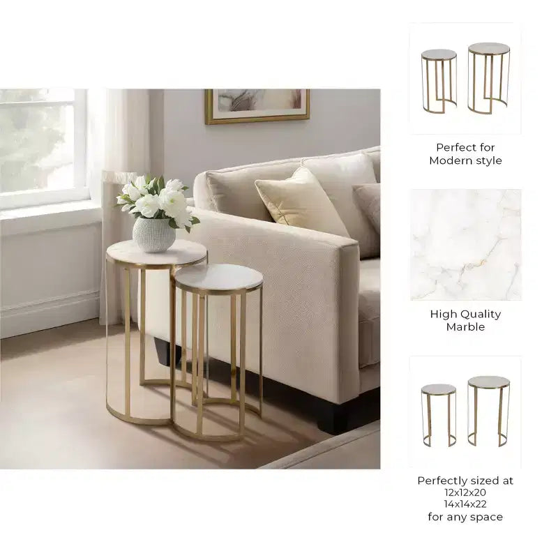 Elegant End Table, Side Table, or Night Stand for Room Decor - Round Metal Accent Table with Marble Top - Set of 2, 22, 20 White & Gold