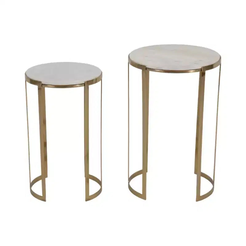 Elegant End Table, Side Table, or Night Stand for Room Decor - Round Metal Accent Table with Marble Top - Set of 2, 22, 20 White & Gold