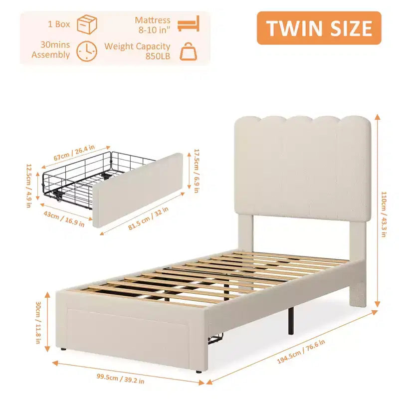 Twin Bed Frame with Under-Bed Drawer | Boucle Upholstered Platform Bed with Wave Headboard | Wooden Slats Support, No Box Spring Needed
