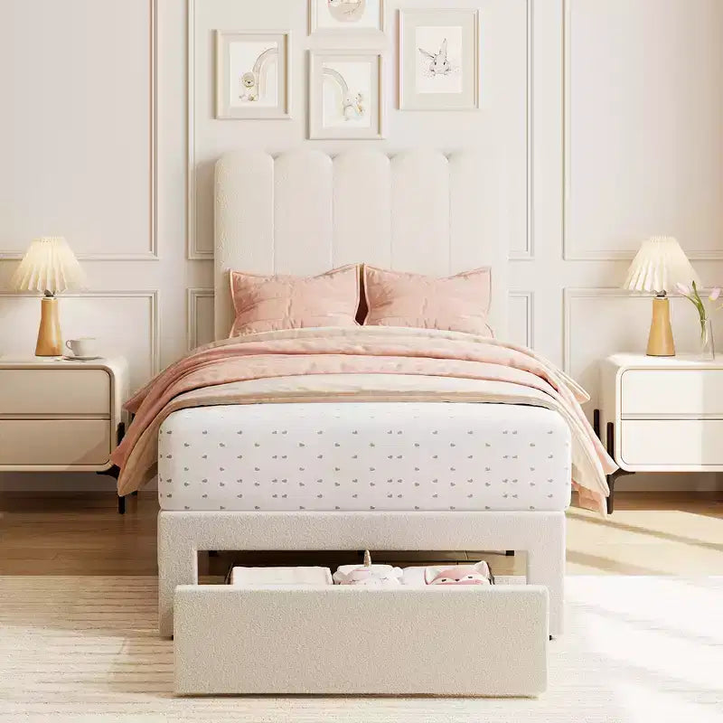 Twin Bed Frame with Under-Bed Drawer | Boucle Upholstered Platform Bed with Wave Headboard | Wooden Slats Support, No Box Spring Needed