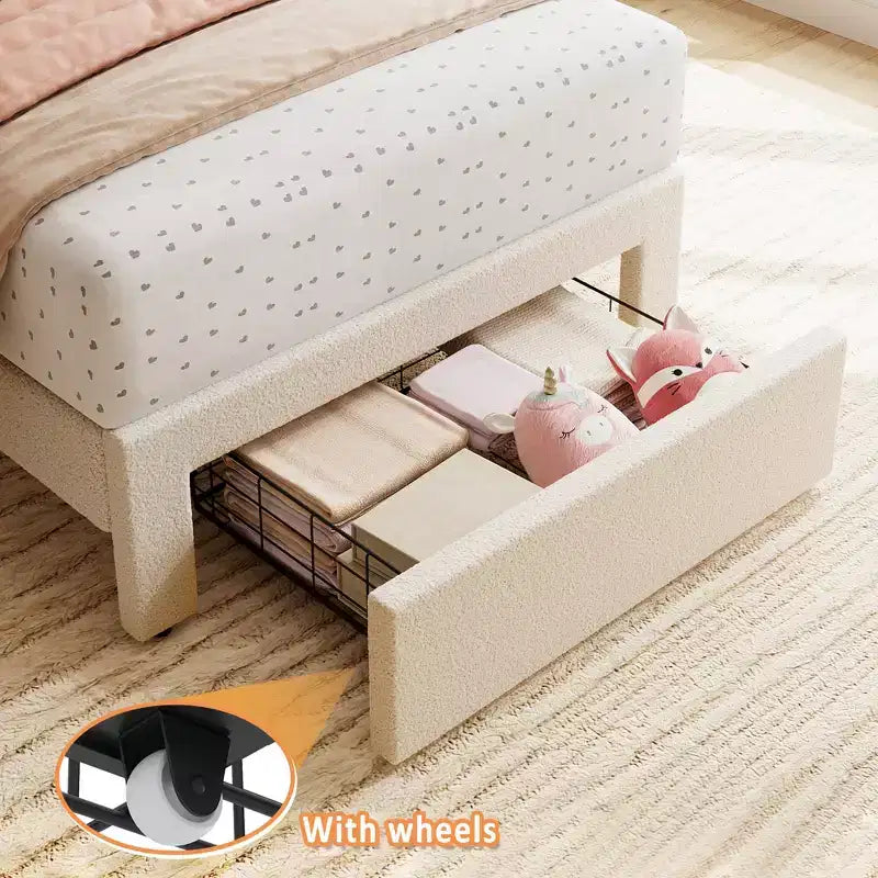 Twin Bed Frame with Under-Bed Drawer | Boucle Upholstered Platform Bed with Wave Headboard | Wooden Slats Support, No Box Spring Needed