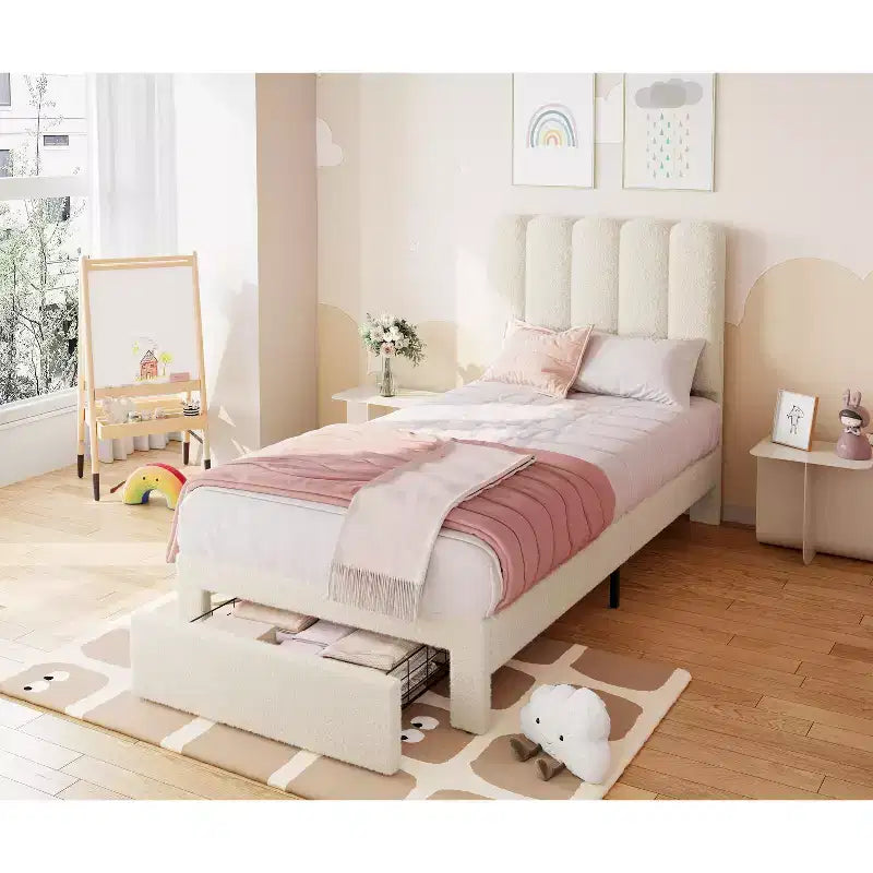 Twin Bed Frame with Under-Bed Drawer | Boucle Upholstered Platform Bed with Wave Headboard | Wooden Slats Support, No Box Spring Needed