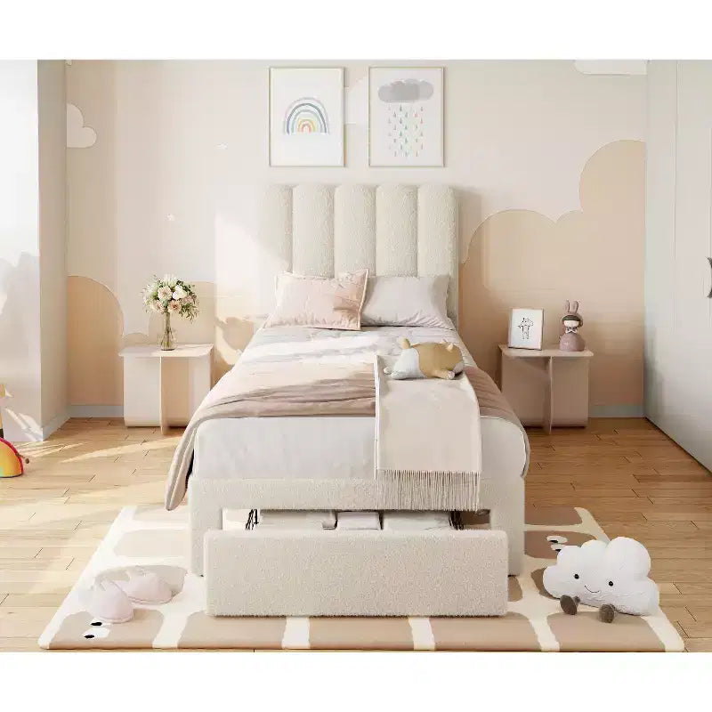 Twin Bed Frame with Under-Bed Drawer | Boucle Upholstered Platform Bed with Wave Headboard | Wooden Slats Support, No Box Spring Needed