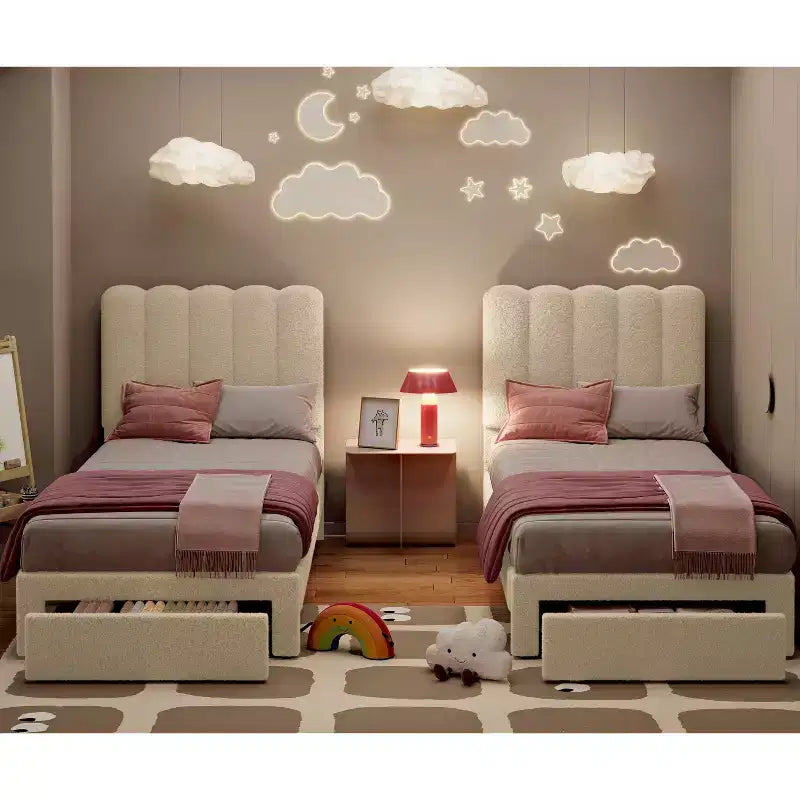Twin Bed Frame with Under-Bed Drawer | Boucle Upholstered Platform Bed with Wave Headboard | Wooden Slats Support, No Box Spring Needed