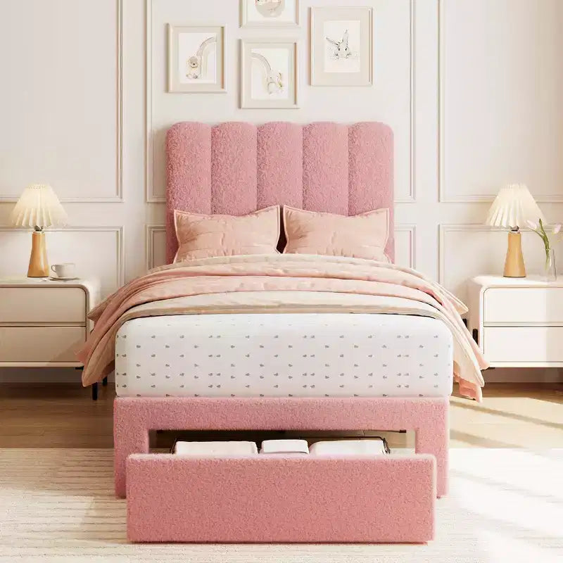 Twin Bed Frame with Under-Bed Drawer | Boucle Upholstered Platform Bed with Wave Headboard | Wooden Slats Support, No Box Spring Needed