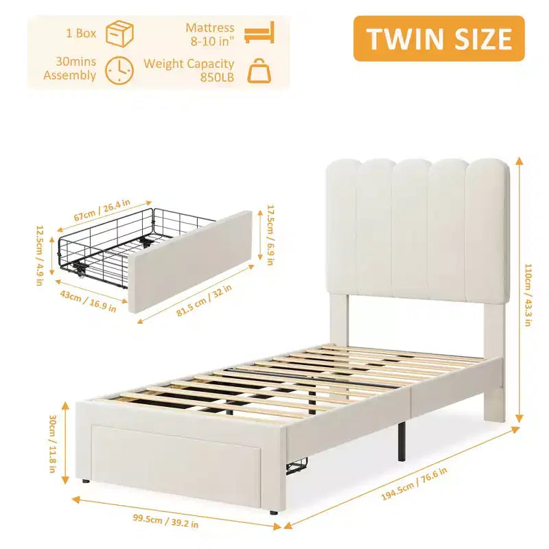 Twin Bed Frame with Under-Bed Drawer | Boucle Upholstered Platform Bed with Wave Headboard | Wooden Slats Support, No Box Spring Needed