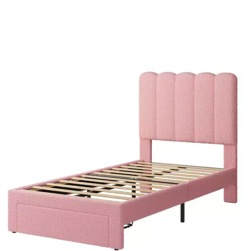Twin Bed Frame with Under-Bed Drawer | Boucle Upholstered Platform Bed with Wave Headboard | Wooden Slats Support, No Box Spring Needed