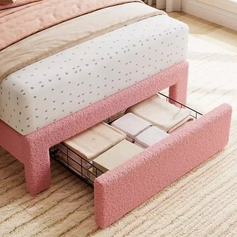 Twin Bed Frame with Under-Bed Drawer | Boucle Upholstered Platform Bed with Wave Headboard | Wooden Slats Support, No Box Spring Needed