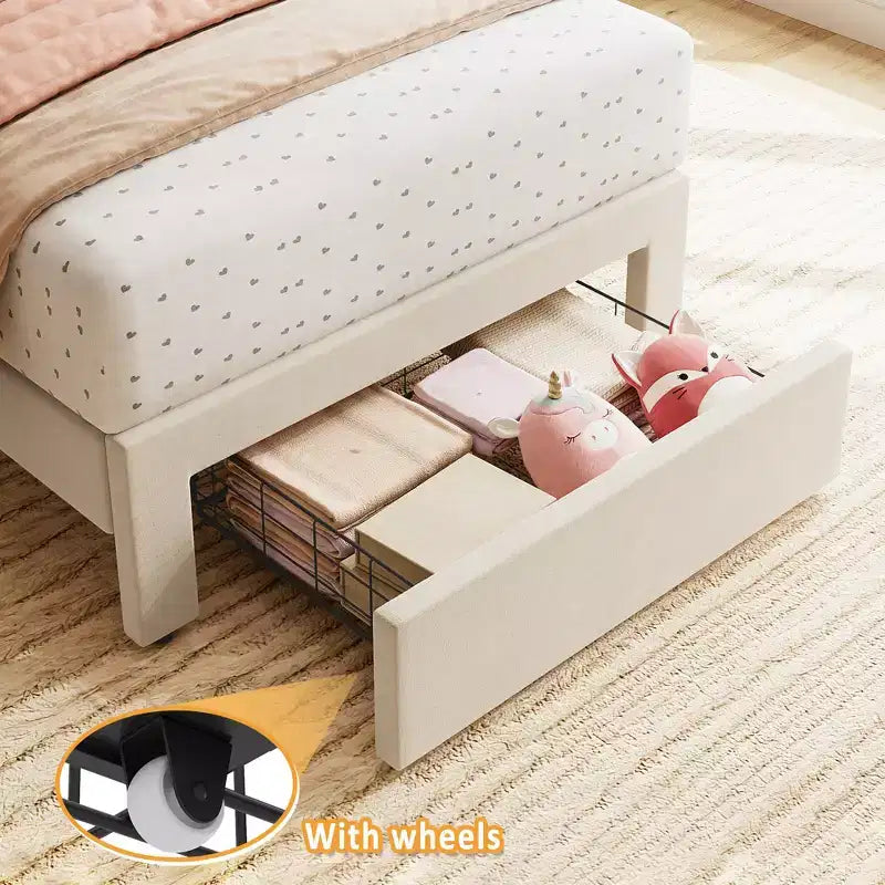 Twin Bed Frame with Under-Bed Drawer | Boucle Upholstered Platform Bed with Wave Headboard | Wooden Slats Support, No Box Spring Needed