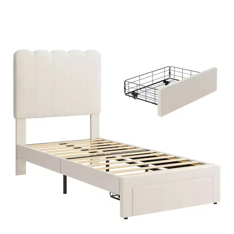 Twin Bed Frame with Under-Bed Drawer | Boucle Upholstered Platform Bed with Wave Headboard | Wooden Slats Support, No Box Spring Needed