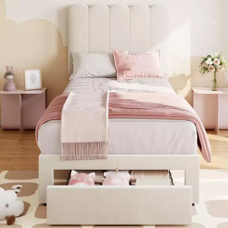 Twin Bed Frame with Under-Bed Drawer | Boucle Upholstered Platform Bed with Wave Headboard | Wooden Slats Support, No Box Spring Needed