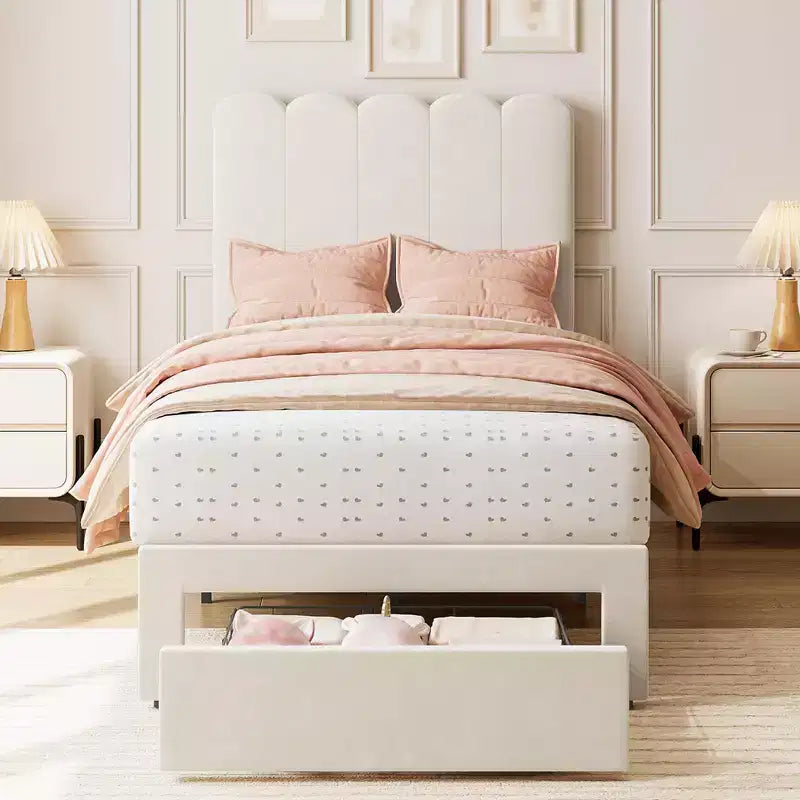 Twin Bed Frame with Under-Bed Drawer | Boucle Upholstered Platform Bed with Wave Headboard | Wooden Slats Support, No Box Spring Needed