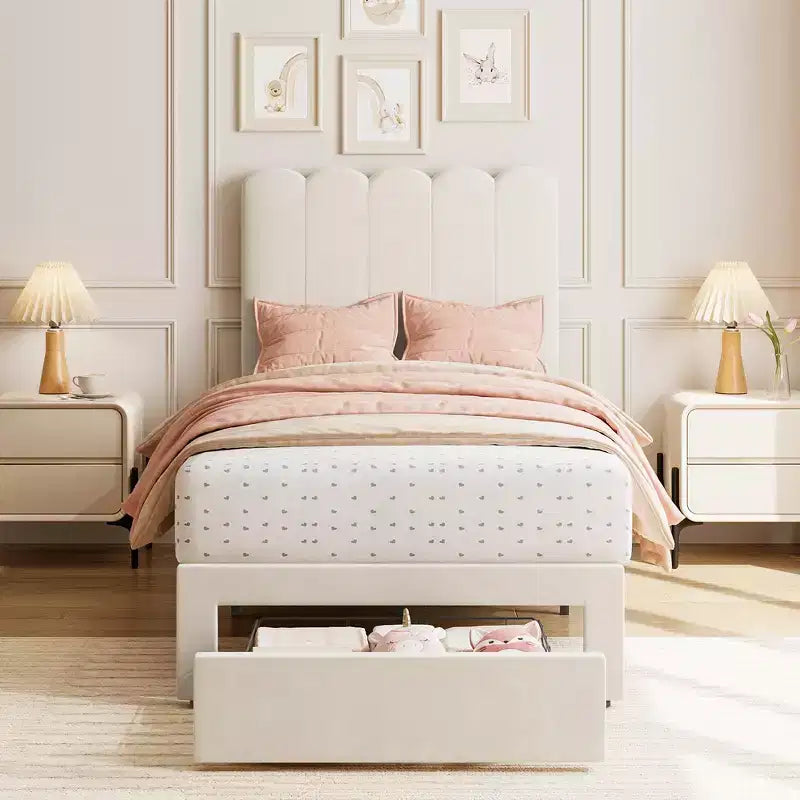 Twin Bed Frame with Under-Bed Drawer | Boucle Upholstered Platform Bed with Wave Headboard | Wooden Slats Support, No Box Spring Needed